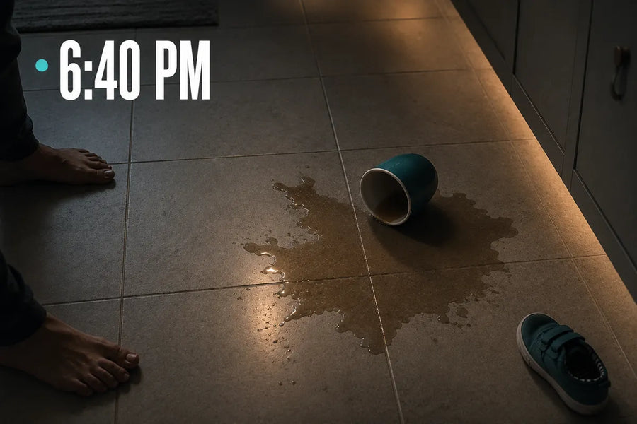 6:40 PM - a spilled cup on the kitchen floor, a child's shoe at the edge, adult feet stepping in