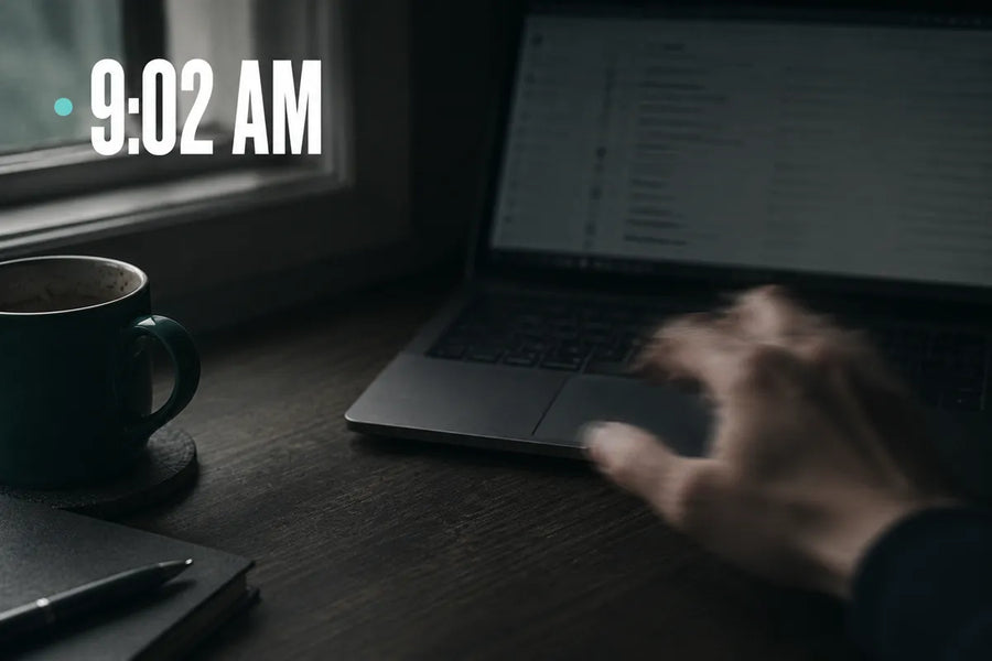 9:02 AM - a hand reaching toward a laptop trackpad beside a cold coffee, caught mid-move
