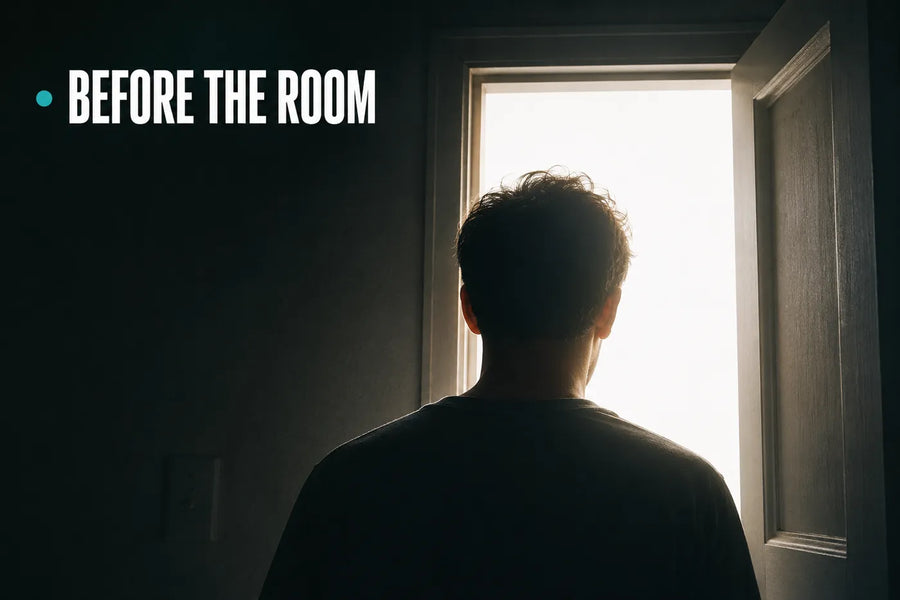 Before the room - pausing at the bright doorway before walking in