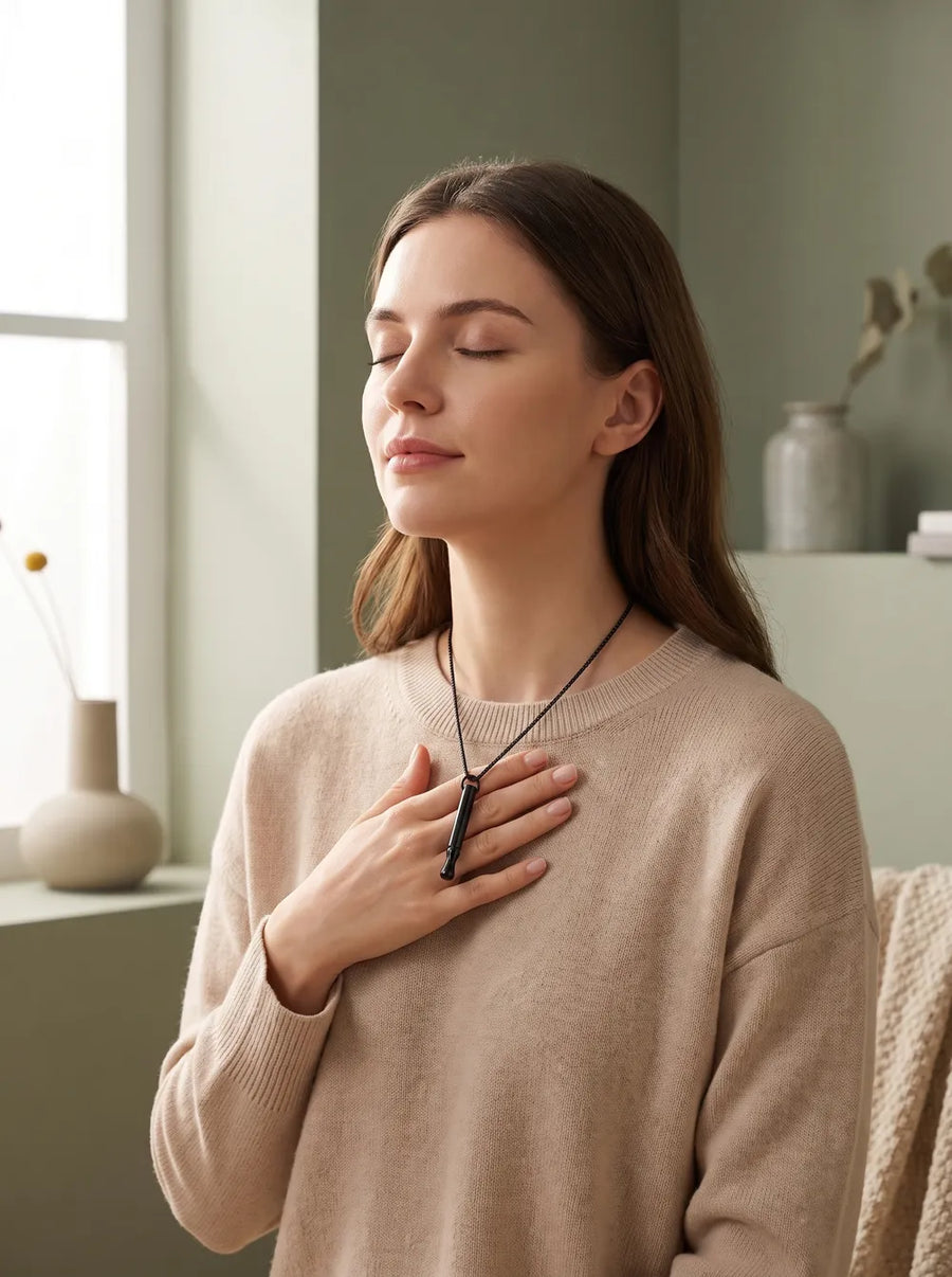 A hand resting over the black Habit Anchor mid-breath, eyes closed in a calm room