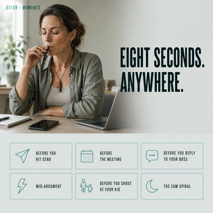 A woman at her desk breathing out through the Anchor before she hits send, before a meeting, and before replying to her boss.