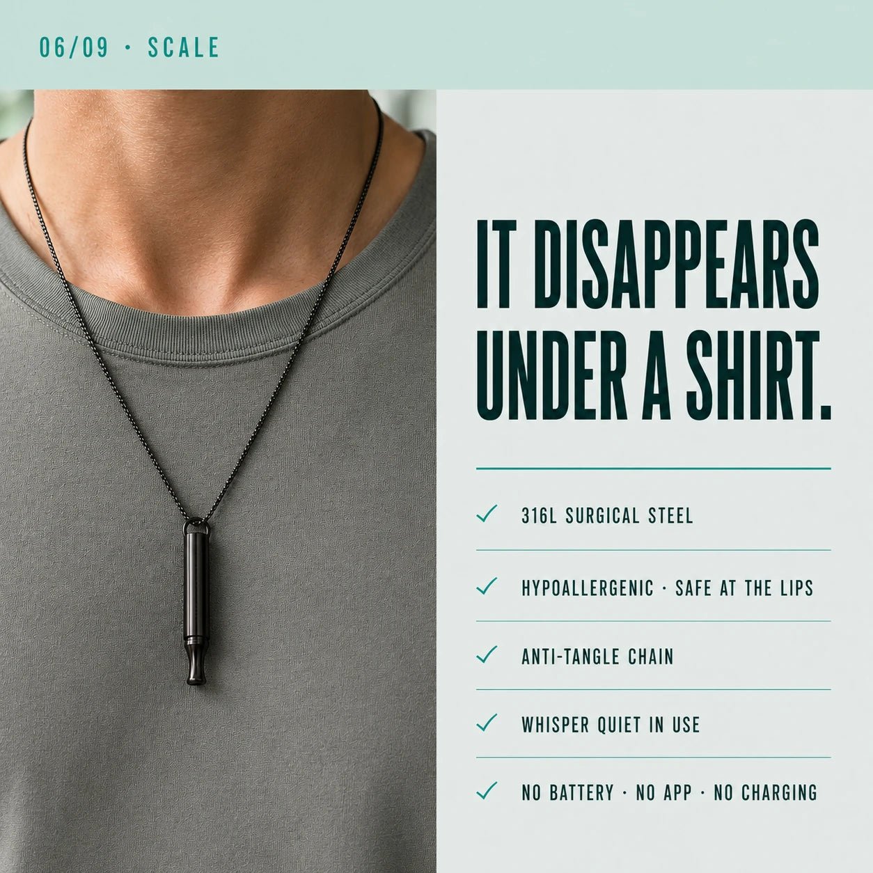 The Habit Anchor worn under a shirt at the collarbone: 316L surgical steel, hypoallergenic against the lips, anti-tangle chain.