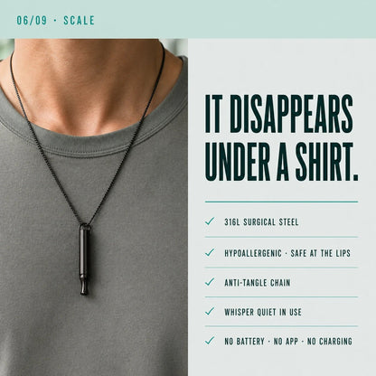 The Habit Anchor worn under a shirt at the collarbone: 316L surgical steel, hypoallergenic against the lips, anti-tangle chain.