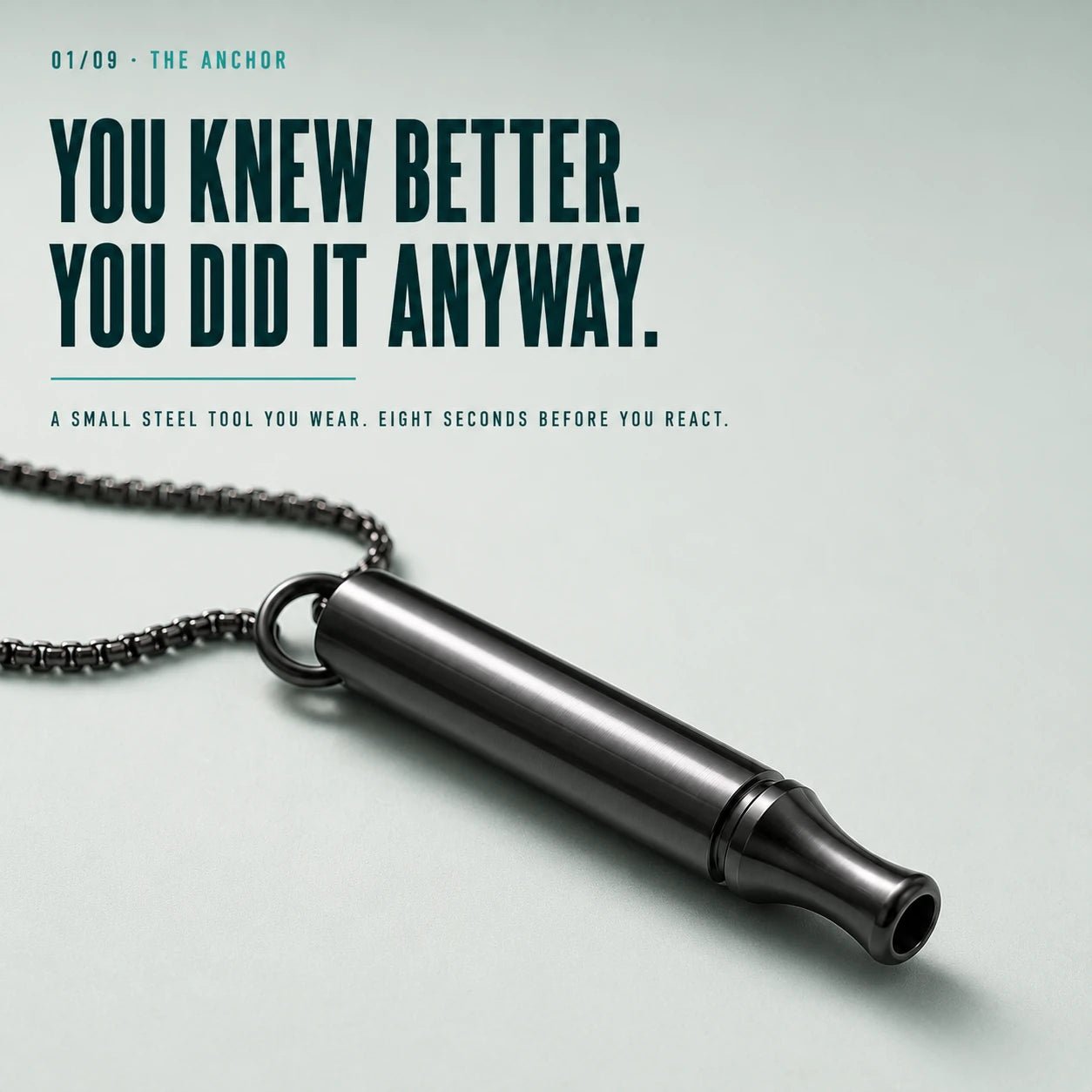 The Dufelo Habit Anchor in dark steel on a box chain, under the line "You knew better. You did it anyway."