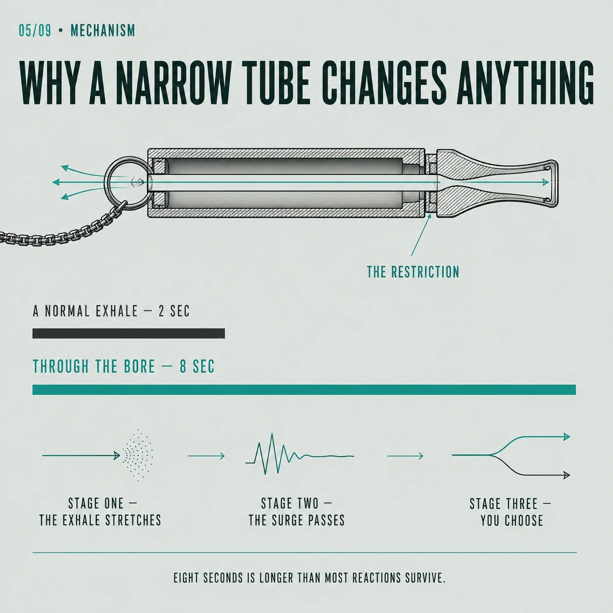Cutaway of the Anchor's narrow inner channel, the part that stretches a quick exhale into a slow one
